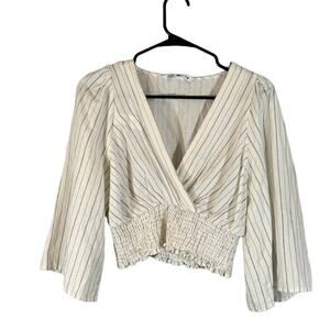 Zara White Striped V-Neck Kimono Sleeve Accordion Trim Cropped Top Women Sz S